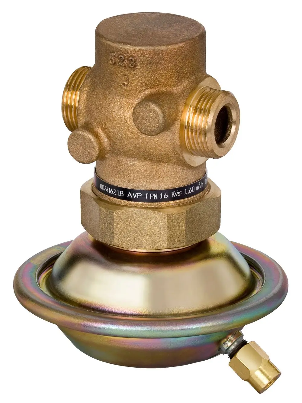 Differenzdruckregler von Danfoss mit Anschlussadapter, bronzefarbenem Gehäuse und zwei seitlichen G1/2" Gewindeanschlüssen.